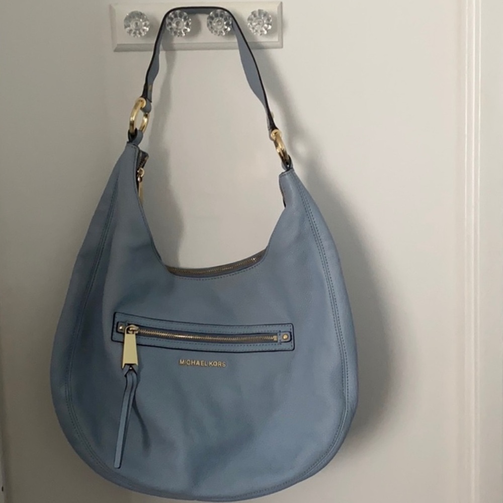 Leather Michael Kors Blue Hobo Bag with Gold Accents